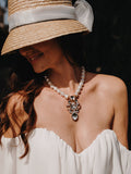 Luxury white pearl gold‑plated statement necklace with Austrian crystals and pearls — perfect for weddings, evening events, bridal elegance, and refined classic old‑money style; handcrafted one‑of‑a‑kind jewelry by SILDARE Jewelry