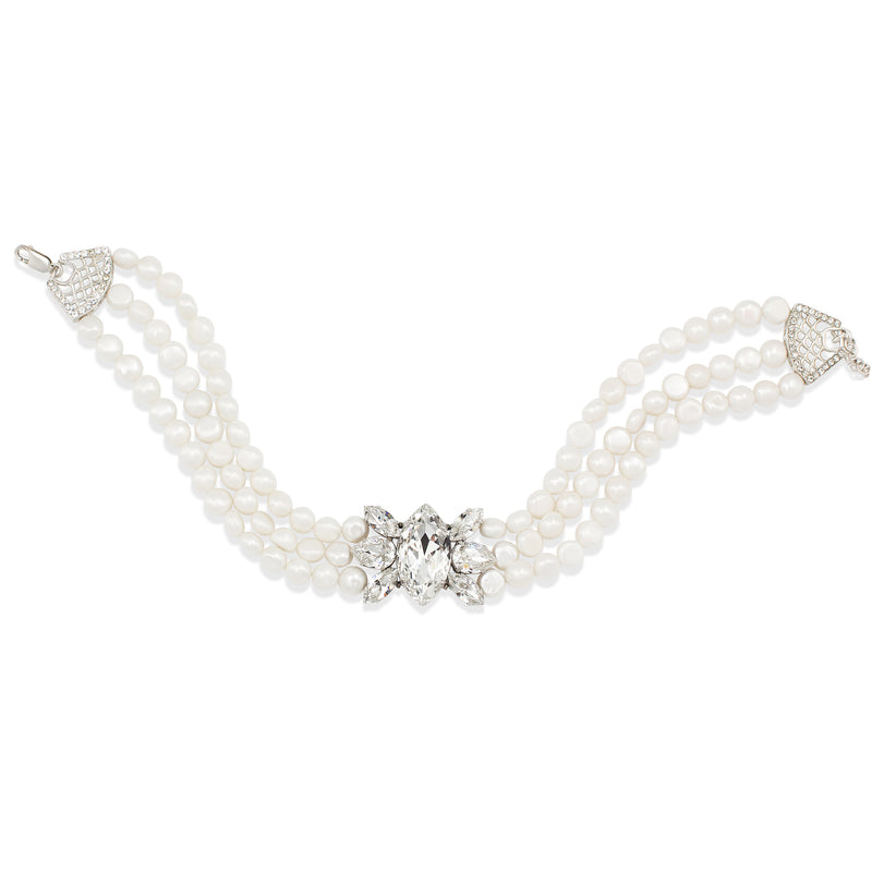 A double-strand pearl Sildare Jewelry choker necklace with a silver plated floral centerpiece and matching crystal-embellished clasp ends, shown on a plain white background.