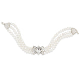 A double-strand pearl choker necklace with a silver plated floral centerpiece and matching crystal-embellished clasp ends, shown on a plain white background.