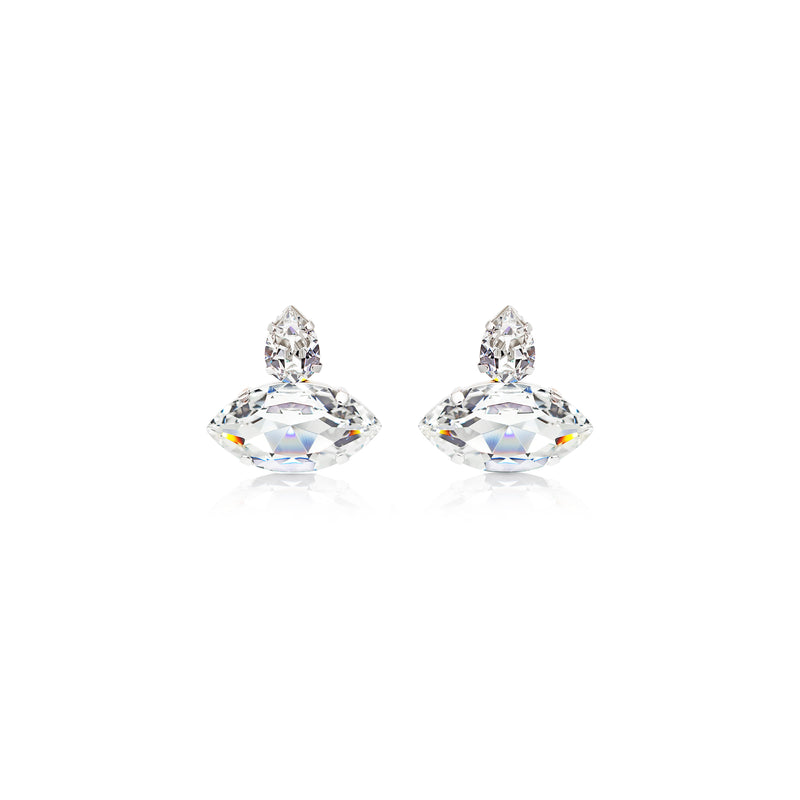 Pair of crystal statement silver plated evening party wedding earrings on a white background by Sildare Jewelry