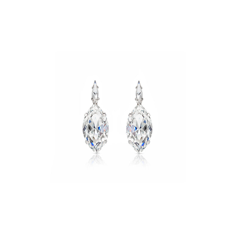 Crystal silver statement earrings handmade luxury jewelry Sildare. Pair of crystal statement silver plated evening party wedding earrings on a white background by Sildare Jewelry