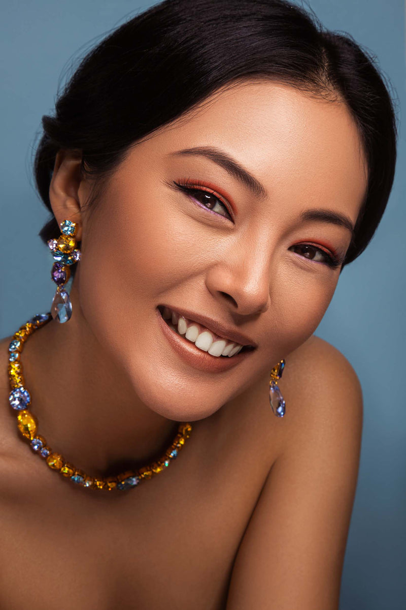 Luxury 24‑carat gold‑plated colorful crystal statement necklace with high‑precision Austrian crystals — minimalist sculptural design; handcrafted one‑of‑a‑kind jewelry by SILDARE Jewelry, vibrant statement necklace for refined feminine style