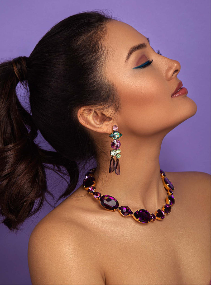 Luxury 24‑carat gold‑plated colorful crystal statement earrings with high‑precision Austrian crystals — minimalist sculptural design; handcrafted one‑of‑a‑kind jewelry by SILDARE Jewelry, vibrant statement earrings for refined feminine style
