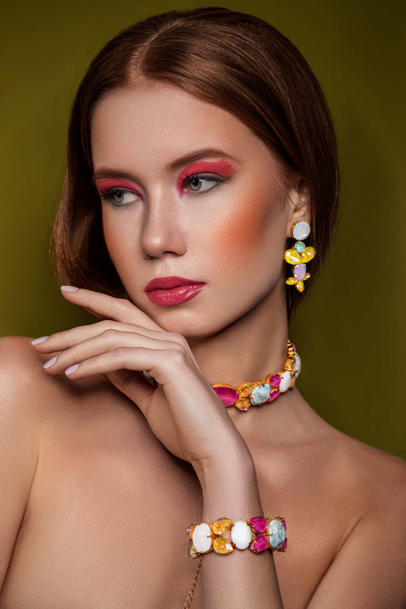 Luxury 24‑carat gold‑plated colorful crystal drop earrings with high‑precision Austrian crystals — minimalist sculptural design; handcrafted one‑of‑a‑kind jewelry by SILDARE Jewelry, elegant statement earrings for refined feminine style