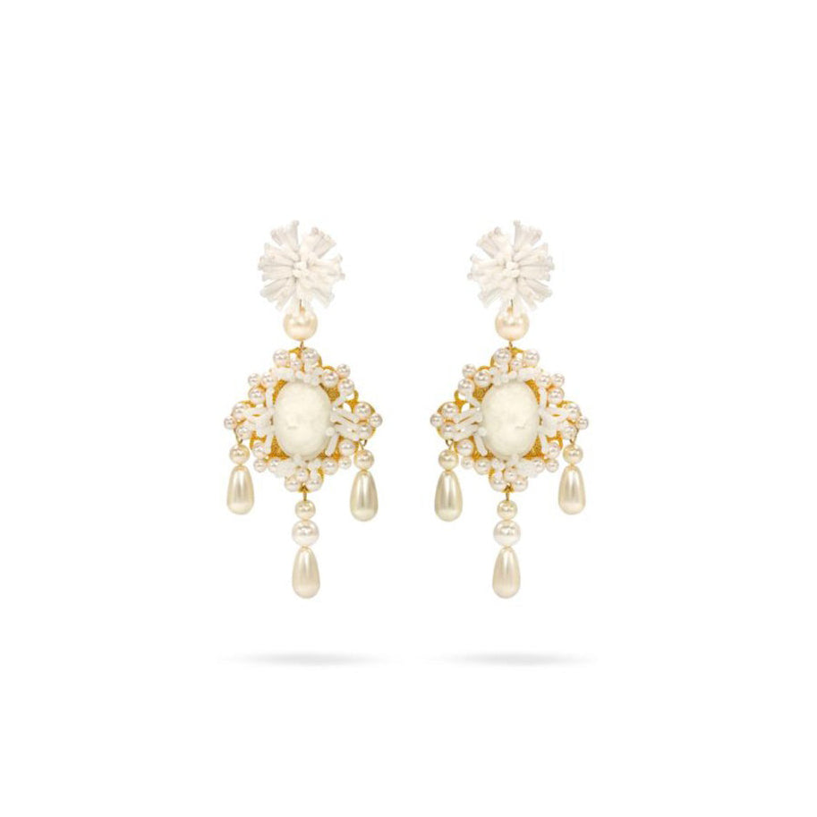 Luxury gold‑plated white pearl Statement earrings with high‑precision Austrian pearls — perfect for weddings, evening events, bridal elegance, and refined classic old‑money style; handcrafted one‑of‑a‑kind jewelry by SILDARE Jewelry