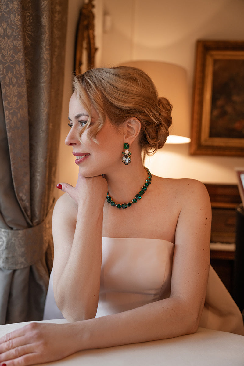 Bold floral statement earrings with multicolored Austrian crystals in green, gray,white tones, set in gold-plated base - Sildare Jewelry. Eye-catching and vibrant.