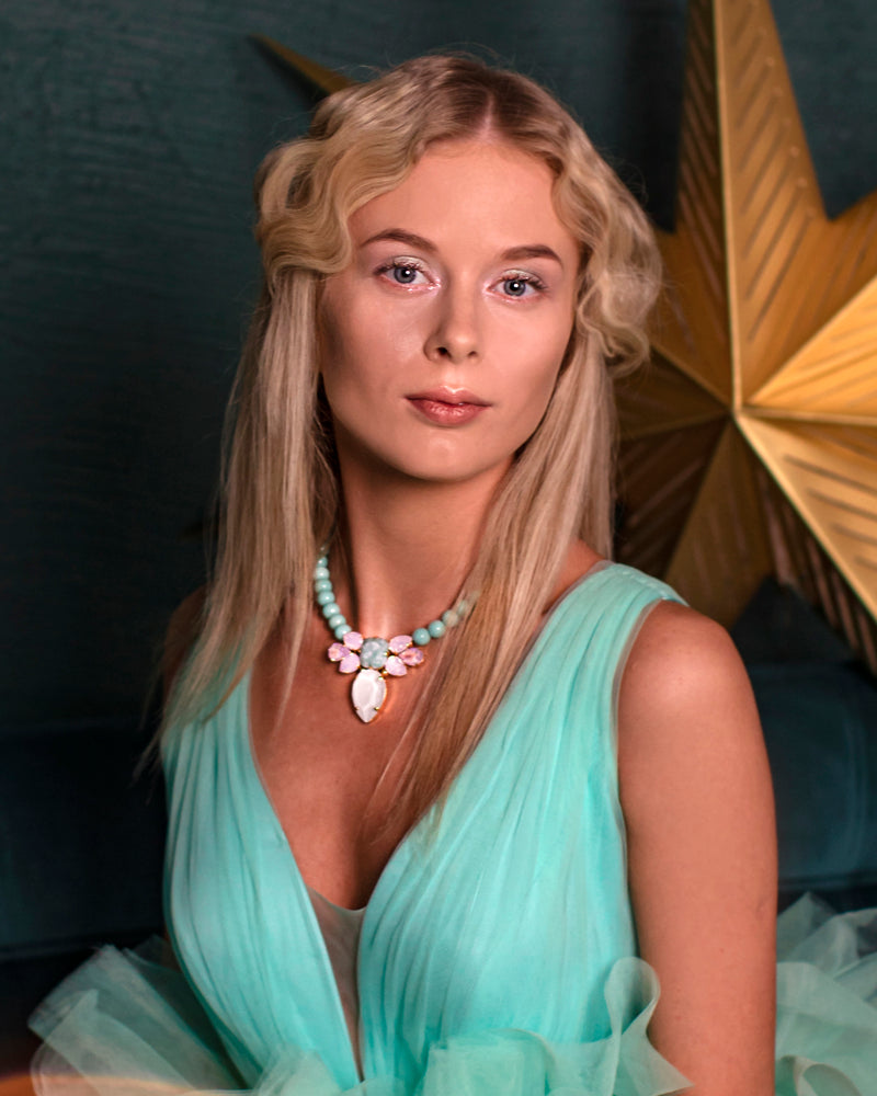 Luxury mint 24‑carat gold‑plated colorful statement necklace with high‑precision Austrian crystals and natural aquamarine gemstone — perfect for weddings, evening events, bridal elegance, and refined classic old‑money style; handcrafted one‑of‑a‑kind jewelry by SILDARE Jewelry