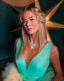 Luxury 24‑carat gold‑plated green crystal statement necklace with high‑precision Austrian crystals and natural stone composite — minimalist sculptural design; handcrafted one‑of‑a‑kind jewelry by SILDARE Jewelry, elegant statement necklace for refined feminine style