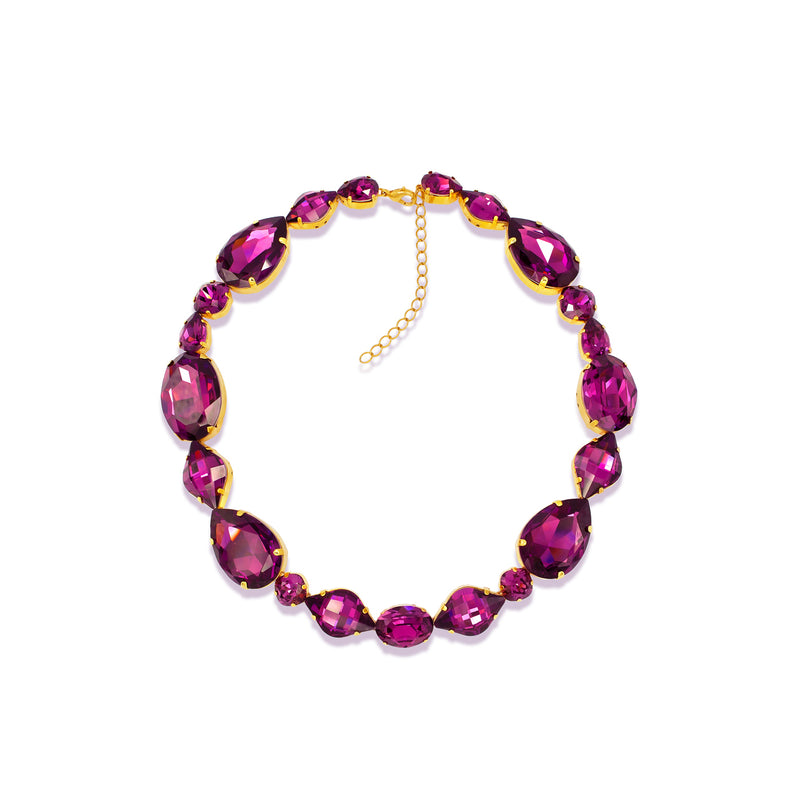 Luxury 24‑carat gold‑plated purple crystal statement necklace with high‑precision Austrian crystals — bold contrast, deep violet tones, quiet elegance, refined feminine strength; perfect for weddings, evening events, party outfits, and elevated night‑out looks; handcrafted one‑of‑a‑kind jewelry by SILDARE Jewelry