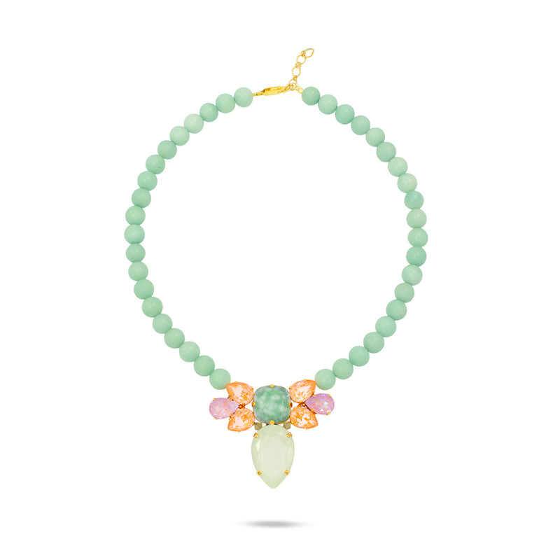 Mint green beaded necklace with a floral pendant featuring pastel green, pink, and orange gemstones set in gold – part of the Paradise Floral collection by Sildare Jewelry.