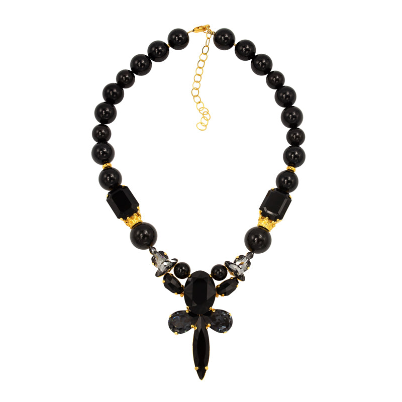 SILDARE Jewelry a black and gold Baroque style necklace with a gold-plated Buddha pendant and black Austrian pearls.