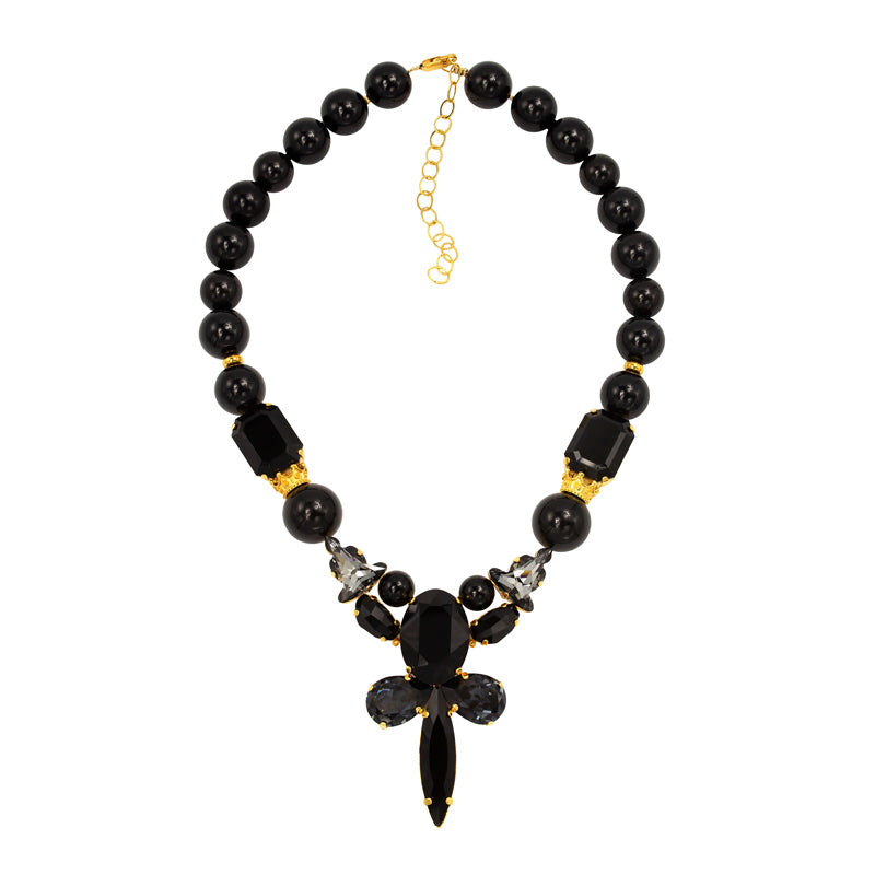 Black  Swraovski crystals pearl gold plated statement luxury fine handmade ootd necklace