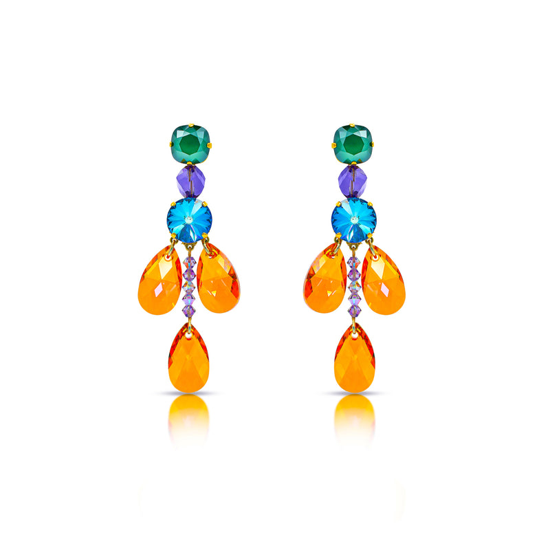 Luxury gold‑tone colorful crystal statement earrings with high‑precision Austrian crystals — minimalist sculptural design; handcrafted one‑of‑a‑kind jewelry by SILDARE Jewelry, vibrant statement earrings for refined feminine style