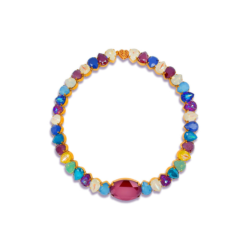 Luxury 24‑carat gold‑plated colorful crystal statement necklace with high‑precision Austrian crystals — minimalist sculptural design; handcrafted one‑of‑a‑kind jewelry by SILDARE Jewelry, vibrant statement necklace for refined feminine style
