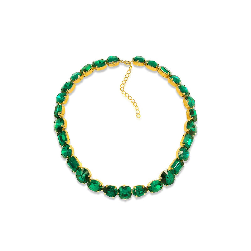 Luxury 24‑carat gold‑plated emerald crystal statement necklace with high‑precision Austrian crystals — bold contrast, deep green tones, quiet elegance, refined feminine strength; perfect for weddings, evening events, party outfits, and elevated night‑out looks; handcrafted one‑of‑a‑kind jewelry by SILDARE Jewelry