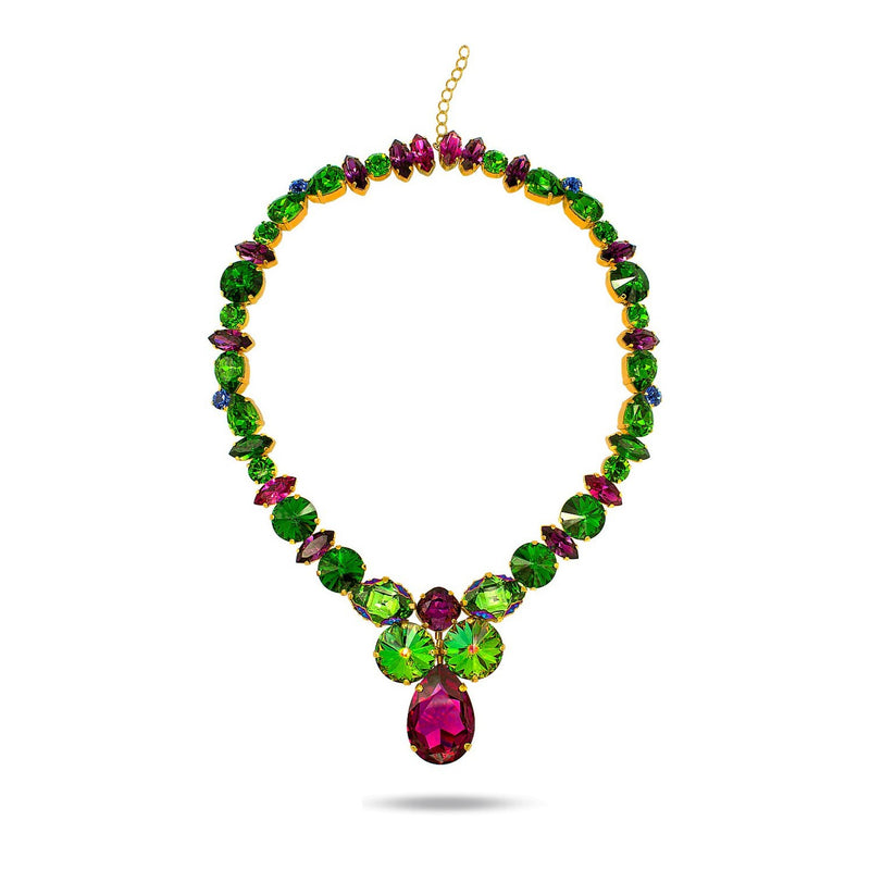 Luxury 24‑carat gold‑plated green and pink crystal statement necklace with high‑precision Austrian crystals — bold contrast, vibrant tones, quiet elegance, refined feminine strength; perfect for weddings, evening events, party outfits, and elevated night‑out looks; handcrafted one‑of‑a‑kind jewelry by SILDARE Jewelry
