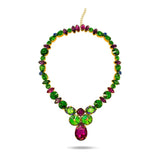 Luxury 24‑carat gold‑plated green and pink crystal statement necklace with high‑precision Austrian crystals — bold contrast, vibrant tones, quiet elegance, refined feminine strength; perfect for weddings, evening events, party outfits, and elevated night‑out looks; handcrafted one‑of‑a‑kind jewelry by SILDARE Jewelry
