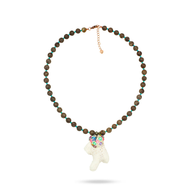 Luxury rhodium‑plated white coral necklace with high‑precision Austrian crystals and natural coral–turquoise–stone gemstones — perfect for weddings, evening events, bridal elegance, and refined classic old‑money style; handcrafted one‑of‑a‑kind jewelry by SILDARE Jewelry
