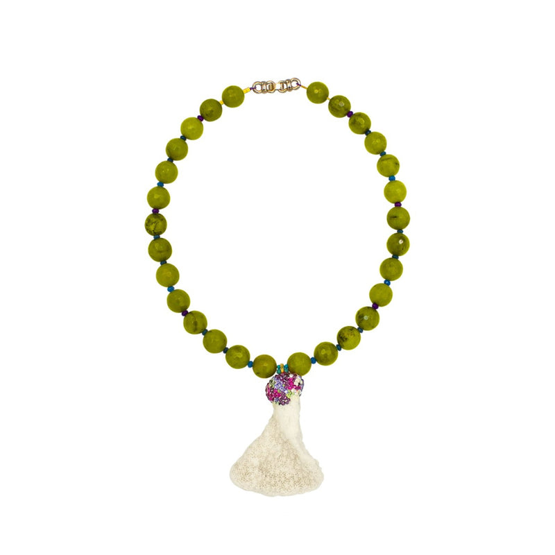 Luxury gold‑plated white coral necklace with high‑precision Austrian crystals and natural coral–agate–quartz gemstones — perfect for weddings, evening events, bridal elegance, and refined classic old‑money style; handcrafted one‑of‑a‑kind jewelry by SILDARE Jewelry