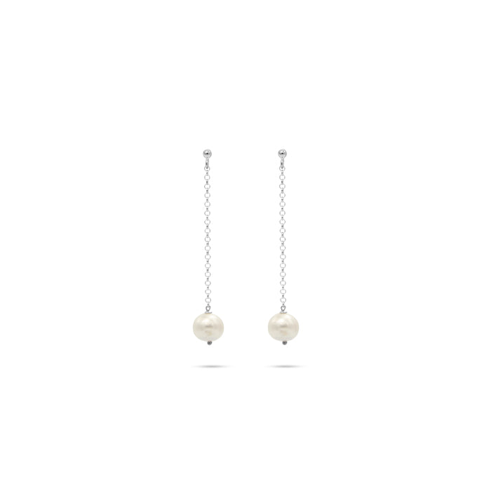 white pearls silver chain long earrings
