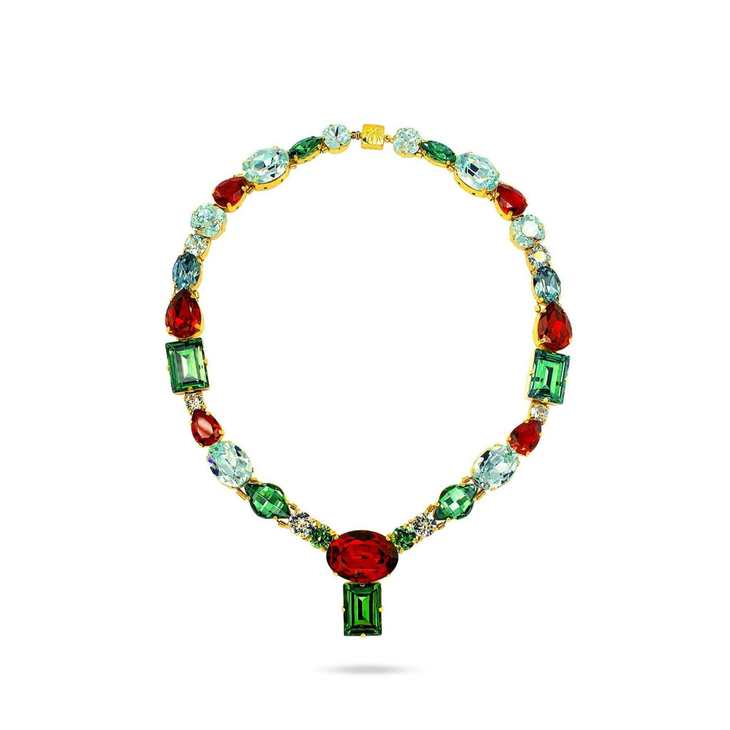 Luxury 24‑carat gold‑plated colorful statement necklace with high‑precision Austrian crystals — perfect for weddings, evening events, artistic elegance, and refined classic old‑money style; handcrafted one‑of‑a‑kind jewelry by SILDARE Jewelry