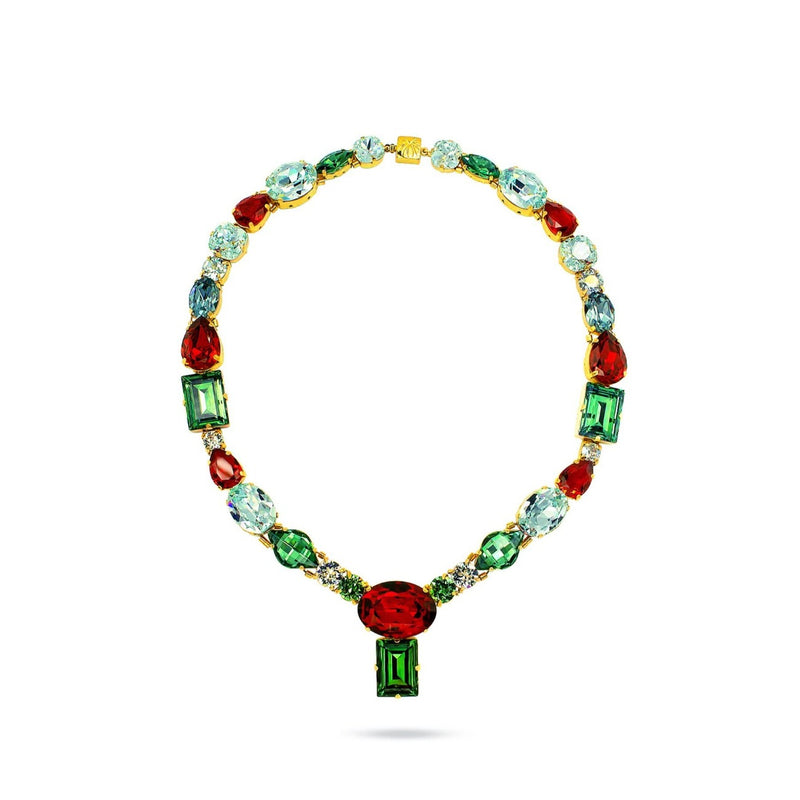 Luxury 24‑carat gold‑plated colorful statement necklace with high‑precision Austrian crystals — perfect for weddings, evening events, artistic elegance, and refined classic old‑money style; handcrafted one‑of‑a‑kind jewelry by SILDARE Jewelry