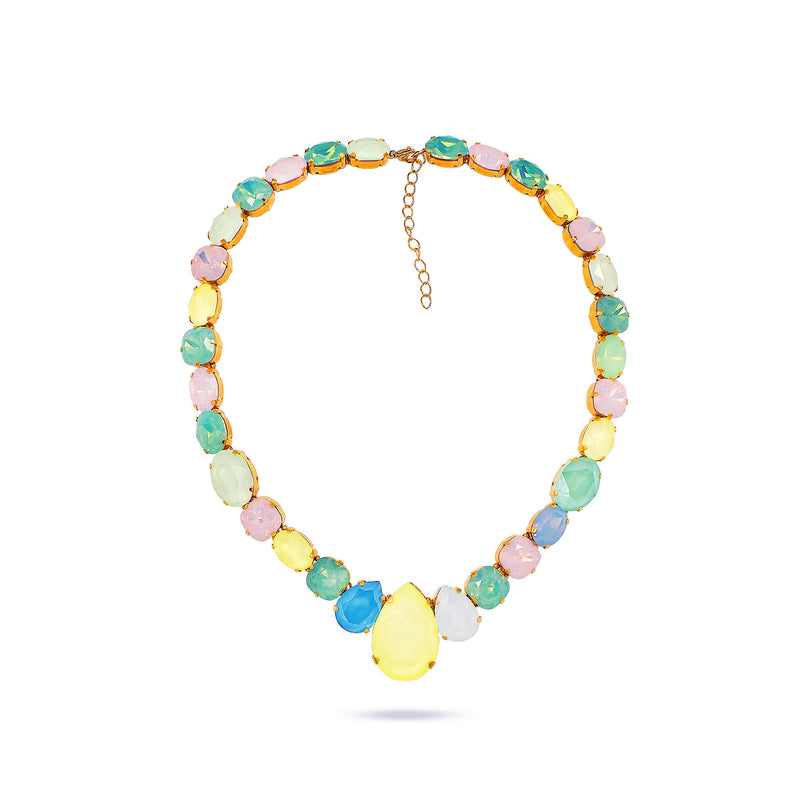 Mint green beaded necklace with a floral pendant featuring pastel green, pink, white ,blue, yellow crystals in gold plated – part of the Paradise Floral collection by Sildare Jewelry.