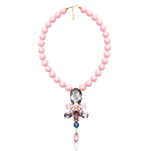 pink matte pearls crystals gold plated necklace