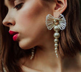 Elegant bridal statement earrings with pearls and clear Austrian crystals in floral design, gold-plated finish. Perfect for weddings or formal occasions - Sildare Jewelry