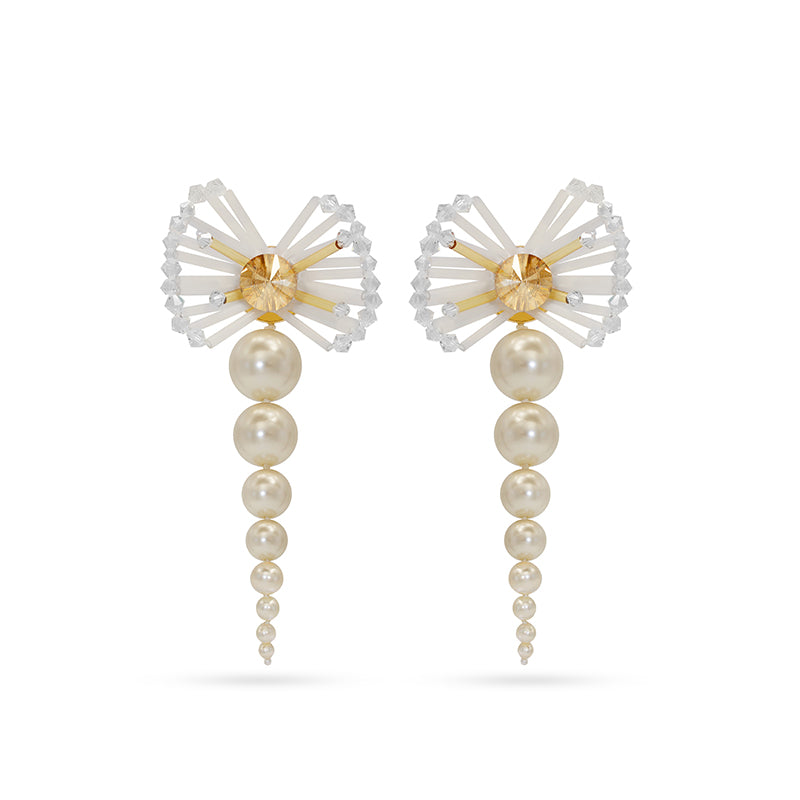 Elegant bridal statement earrings with pearls and clear Austrian crystals in floral design, gold-plated finish. Perfect for weddings or formal occasions - Sildare Jewelry