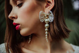 Elegant bridal statement earrings with pearls and clear Austrian crystals in floral design, gold-plated finish. Perfect for weddings or formal occasions - Sildare Jewelry