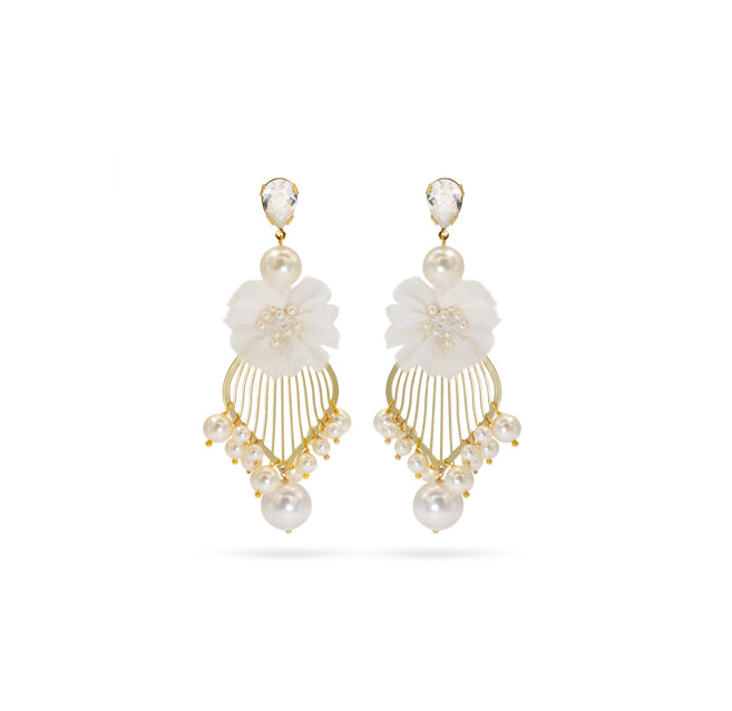 Elegant bridal statement earrings with pearls and clear Austrian crystals in floral design, gold-plated finish. Perfect for weddings or formal occasions - Sildare Jewelry