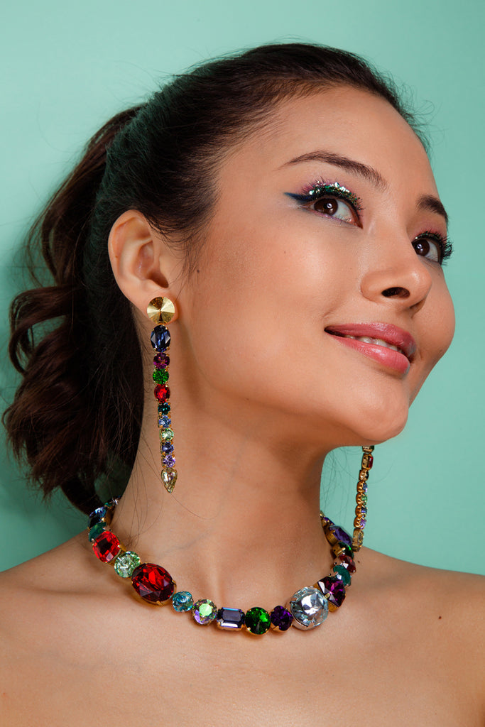 Bold floral statement earrings with multicolored Austrian crystals in green, red, blu, gold  tones, set in gold-plated base - Sildare Jewelry. Eye-catching and vibrant.