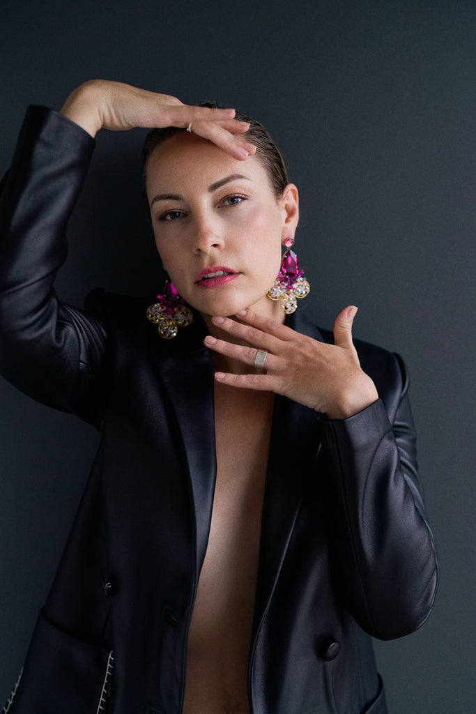 Bold floral statement earrings with fuchsia, blush pink and crystal tones crafted with 
Austrian crystals and gold plated finish. Inspired by blooming paradise gardens.
Handcrafted luxury jewelry by Sildare 