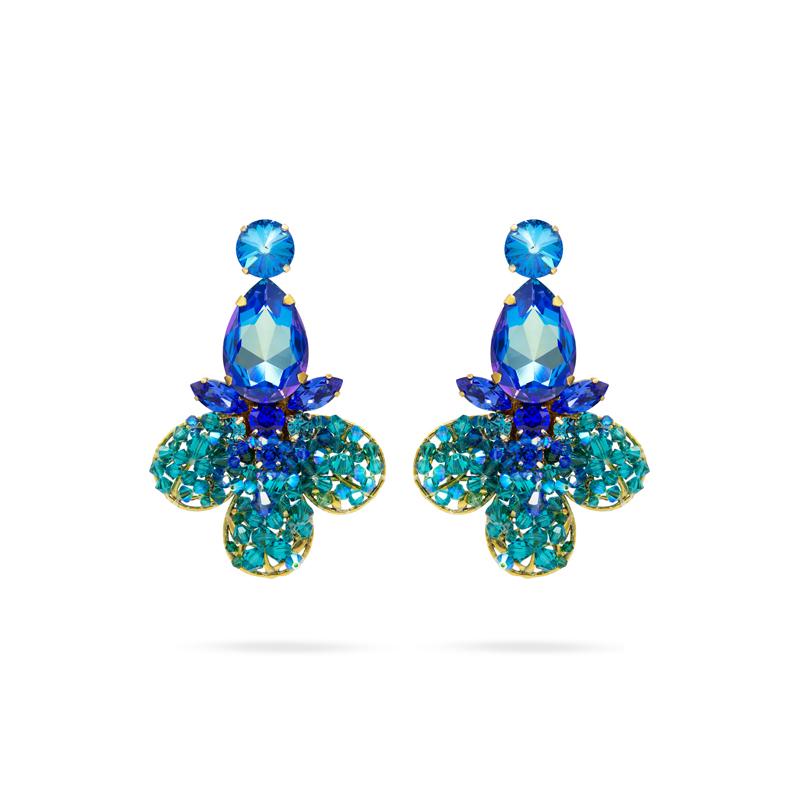 Bold floral statement earrings with sapphire blue and turquoise
Austrian crystals, inspired by paradise garden blooms.
Handcrafted luxury jewelry by Sildare 