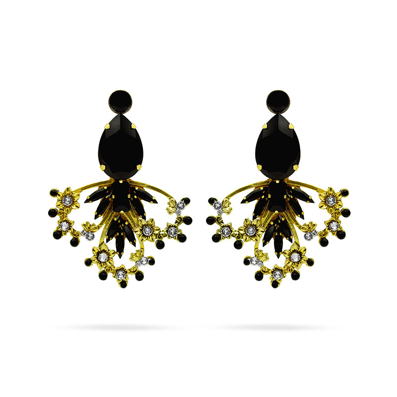 Bold floral statement earrings crafted with Balck Austrian crystals and gold tone finish. Inspired by blooming paradise gardens.
Handcrafted luxury jewelry by Sildare 
