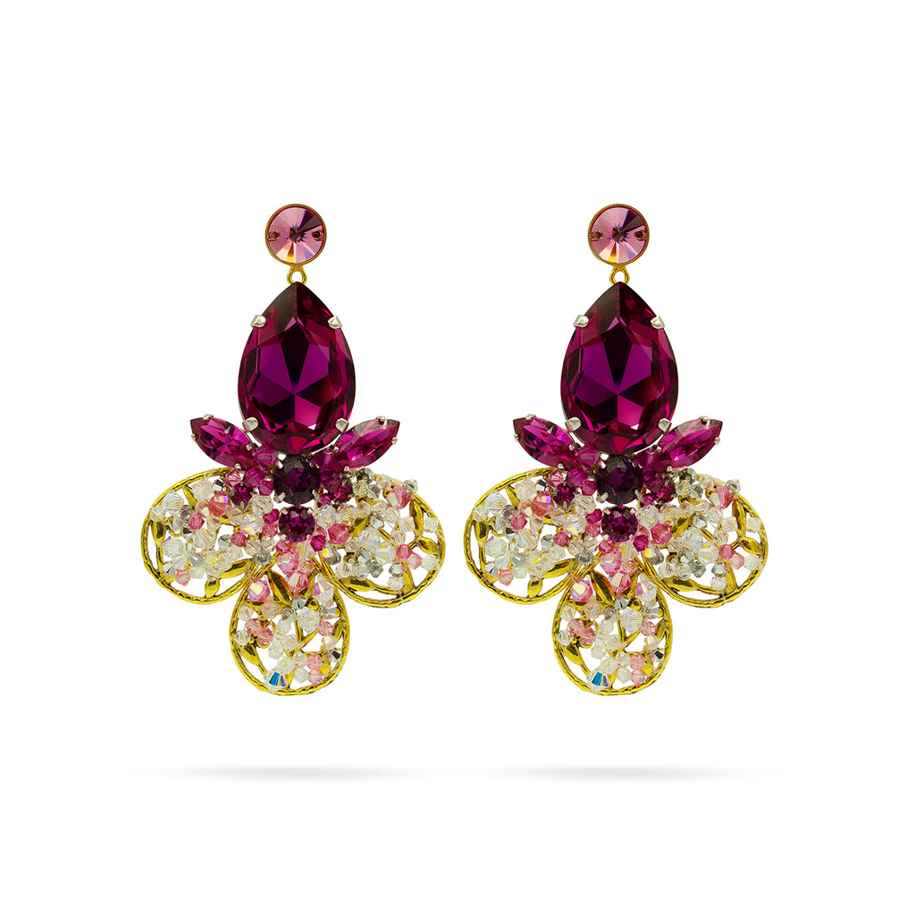 Bold floral statement earrings with fuchsia, blush pink and crystal tones crafted with 
Austrian crystals and gold plated finish. Inspired by blooming paradise gardens.
Handcrafted luxury jewelry by Sildare 