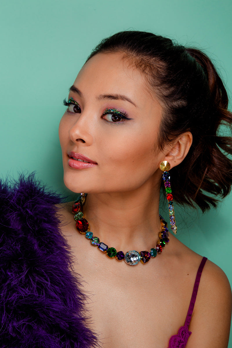 Bold floral statement earrings with multicolored Austrian crystals in green, red, blu, gold  tones, set in gold-plated base - Sildare Jewelry. Eye-catching and vibrant.