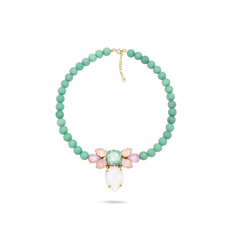 Mint green beaded necklace with a floral pendant featuring pastel green, pink, white gemstones set in gold – part of the Paradise Floral collection by Sildare Jewelry.