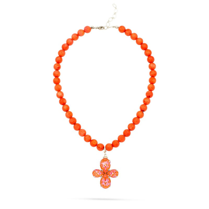 Orange coral necklace with a floral pendant featuring orange crystals in silver – part of the Paradise Floral collection by Sildare Jewelry.