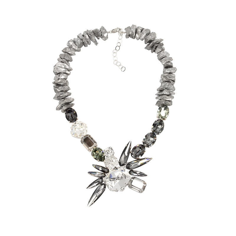 Luxury silver‑plated gray rock crystal statement necklace with high‑precision Austrian crystals — bold contrast, smoky tones, quiet elegance, refined feminine strength; perfect for weddings, evening events, party outfits, and elevated night‑out looks; handcrafted one‑of‑a‑kind jewelry by SILDARE Jewelry