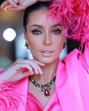 Luxury 24‑carat gold‑plated green and pink crystal statement necklace with high‑precision Austrian crystals — bold contrast, vibrant tones, quiet elegance, refined feminine strength; perfect for weddings, evening events, party outfits, and elevated night‑out looks; handcrafted one‑of‑a‑kind jewelry by SILDARE Jewelry