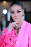Luxury 24‑carat gold‑plated green and pink crystal statement necklace with high‑precision Austrian crystals — bold contrast, vibrant tones, quiet elegance, refined feminine strength; perfect for weddings, evening events, party outfits, and elevated night‑out looks; handcrafted one‑of‑a‑kind jewelry by SILDARE Jewelry