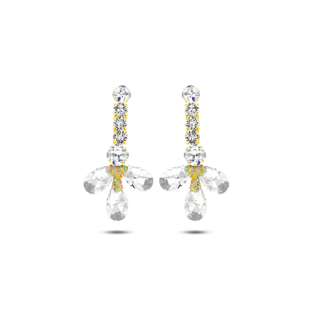 White Swarovski crystals, 24k gold plated long flower floral wedding bridal earrings