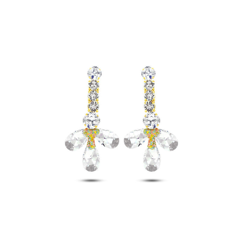 White Swarovski crystals, 24k gold plated long flower floral wedding bridal earrings