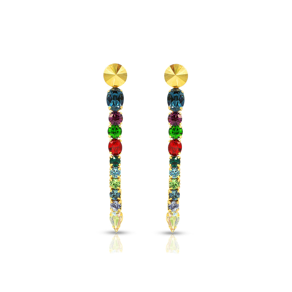 Bold floral statement earrings with multicolored Austrian crystals in green, red, blu, gold  tones, set in gold-plated base - Sildare Jewelry. Eye-catching and vibrant.
