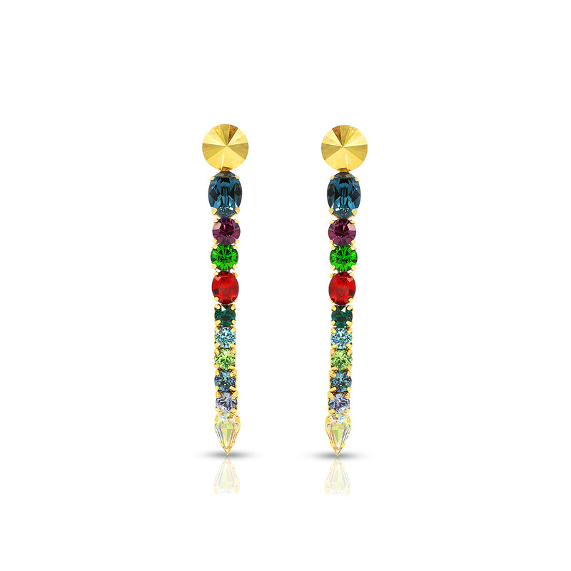Bold floral statement earrings with multicolored Austrian crystals in green, red, blu, gold  tones, set in gold-plated base - Sildare Jewelry. Eye-catching and vibrant.