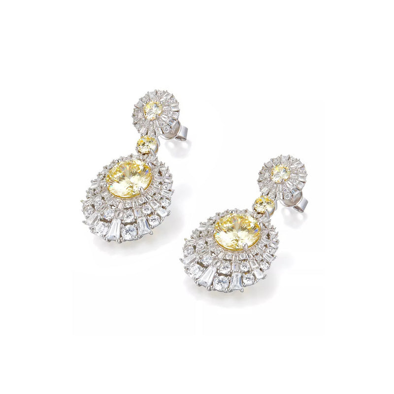 Luxury style women statement cubic Zirconia, yelloow cz gemstone, silver earrings