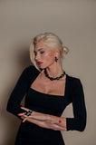 Luxury 24‑carat gold‑plated black crystal statement necklace with high‑precision Austrian crystals — bold contrast, deep black tones, quiet elegance, refined feminine strength; perfect for weddings, evening events, party outfits, and elevated night‑out looks; handcrafted one‑of‑a‑kind jewelry by SILDARE Jewelry