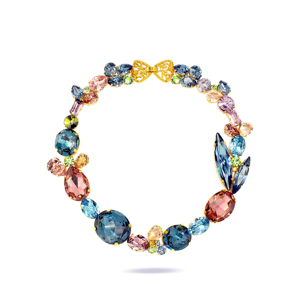 Luxury 24‑carat gold‑plated colorful statement necklace with high‑precision Austrian crystals — perfect for weddings, evening events, artistic elegance, and refined classic old‑money style; handcrafted one‑of‑a‑kind jewelry by SILDARE Jewelry